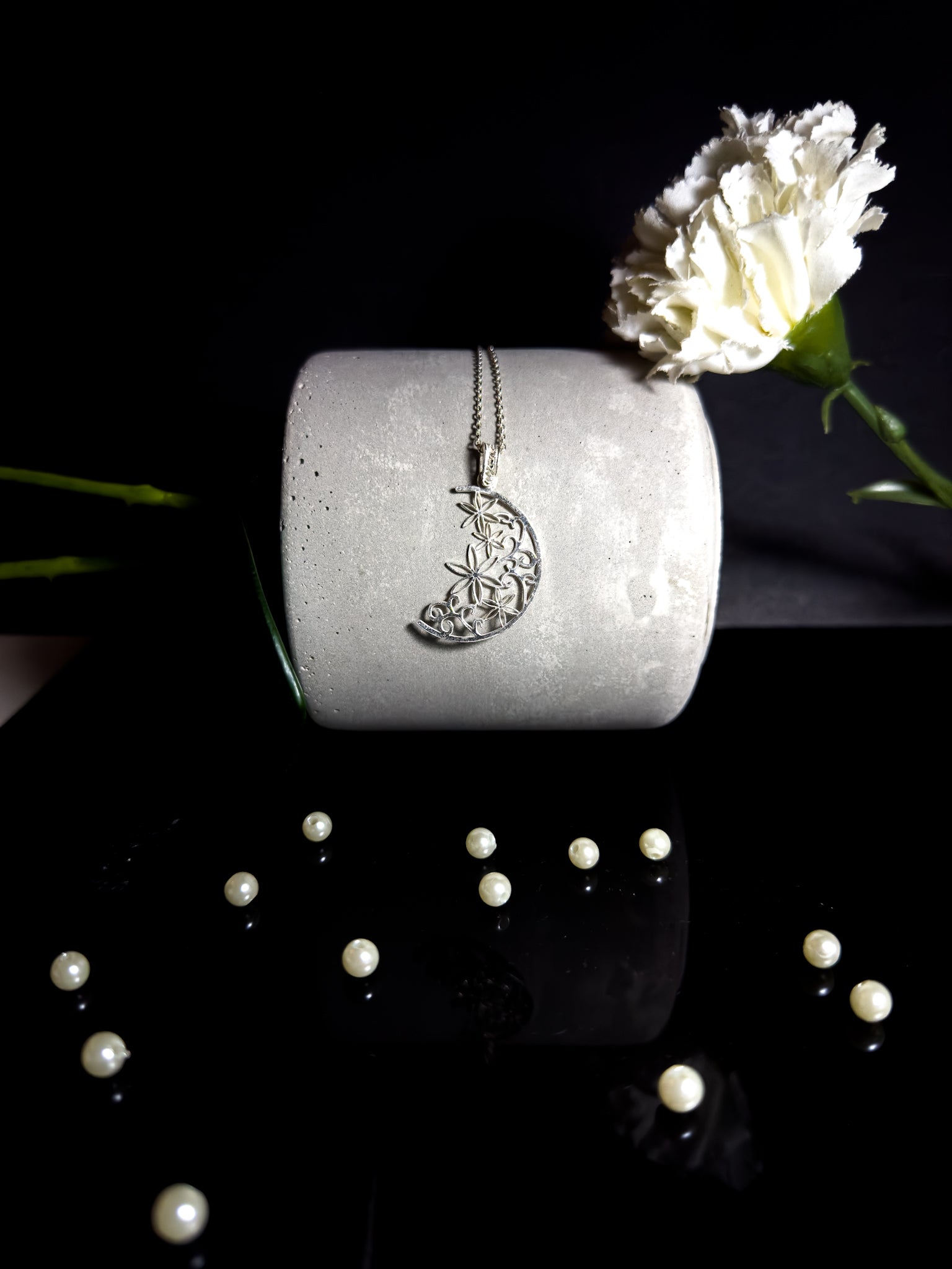 Handmade Sterling Silver Moon & Floral Necklace