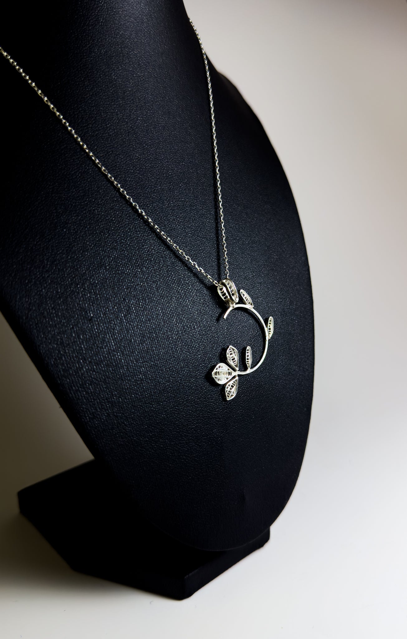 Handmade Sterling Silver Floral Crescent Necklace