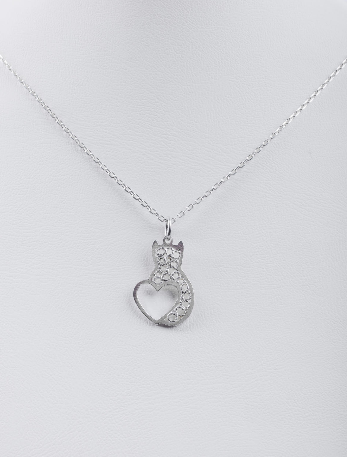 Handmade Sterling Silver Cat & Heart Necklace