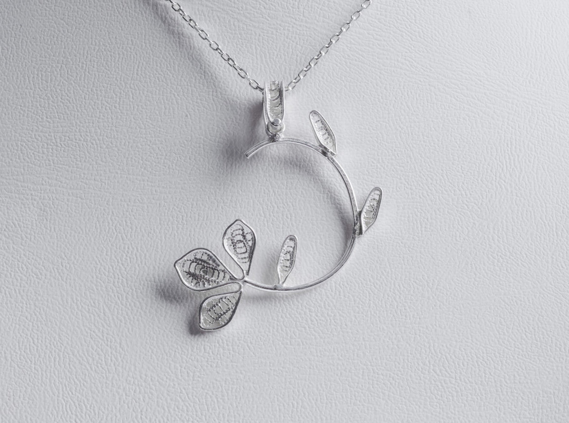 Handmade Sterling Silver Floral Crescent Necklace