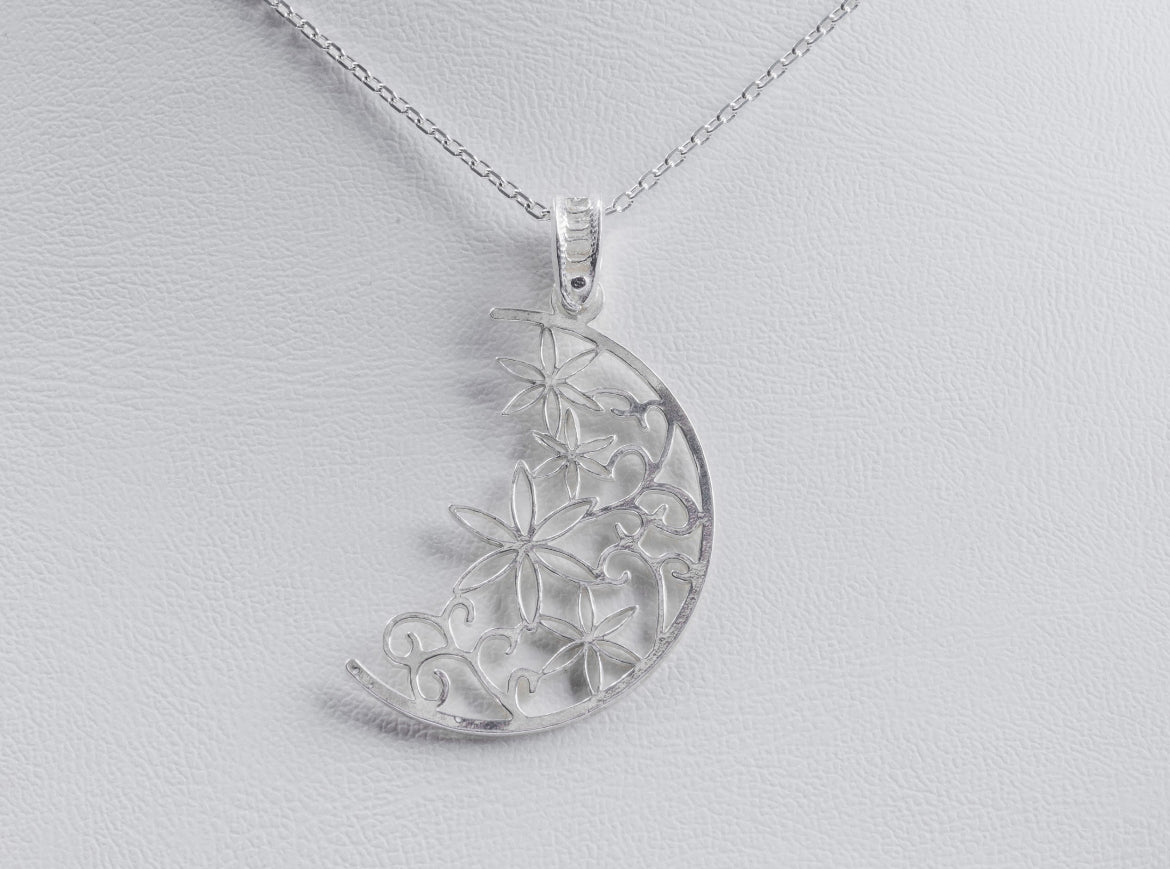 Handmade Sterling Silver Moon & Floral Necklace