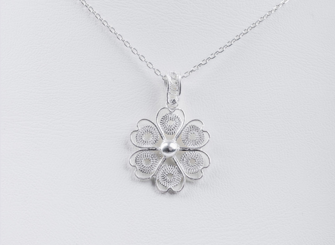 Handmade Sterling Silver Heart & Flower Necklace