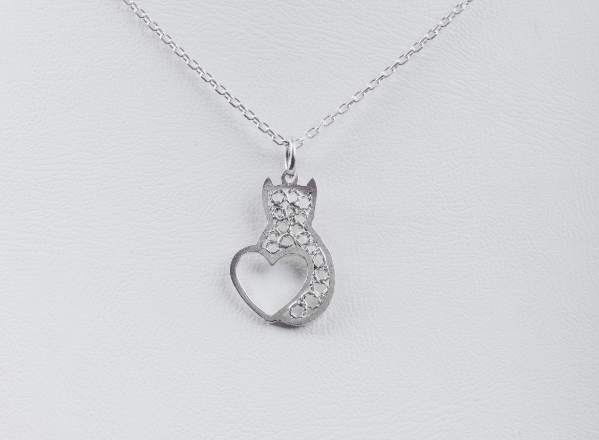 Handmade Sterling Silver Cat & Heart Necklace